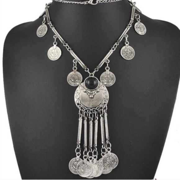 Boho Silver Coin with Black Statement Necklace - Picture 2 of 4