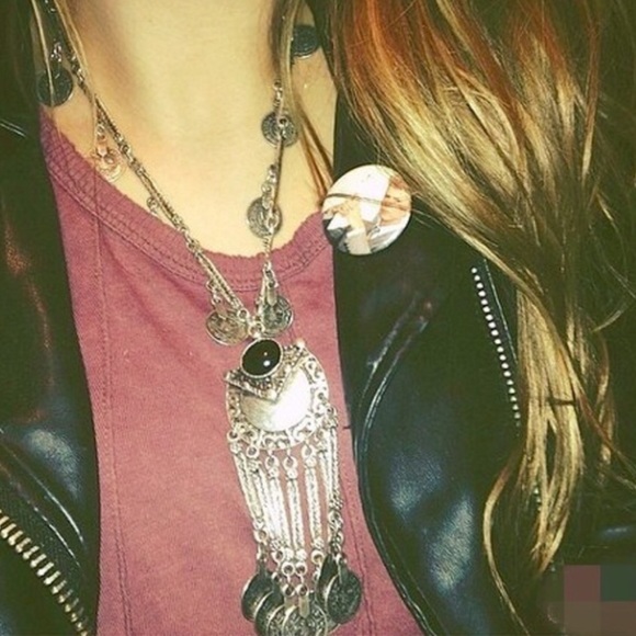 Boho Silver Coin with Black Statement Necklace - Picture 3 of 4