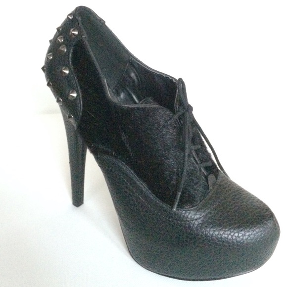 Faux fur lace up booties with studs