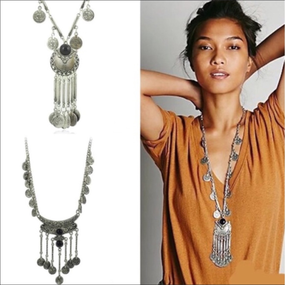 Boho Silver & Black Mini Coin Statement Necklace - Picture 5 of 5