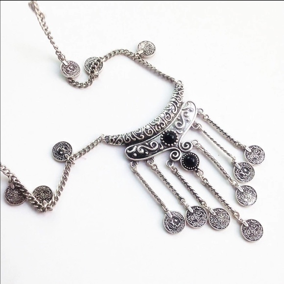 Boho Silver & Black Mini Coin Statement Necklace - Picture 2 of 5