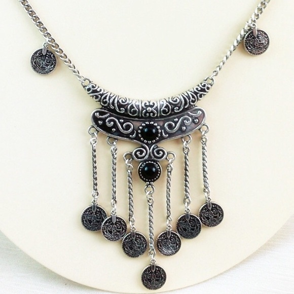 Boho Silver & Black Mini Coin Statement Necklace - Picture 3 of 5