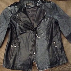 Black Grey Leather Denim Moto Biker Bomber Jacket