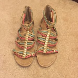Gladiator sandals (coral, blue, tan)