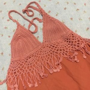 Orange crocheted halter top