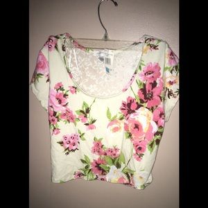 Flower print crop top lace see thru back