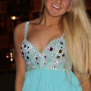 Blue strapless dress with sequin bustier