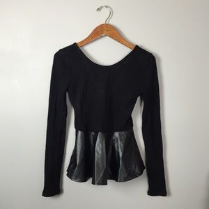 Fabric and Faux Leather Peplum Top w/ Low Back
