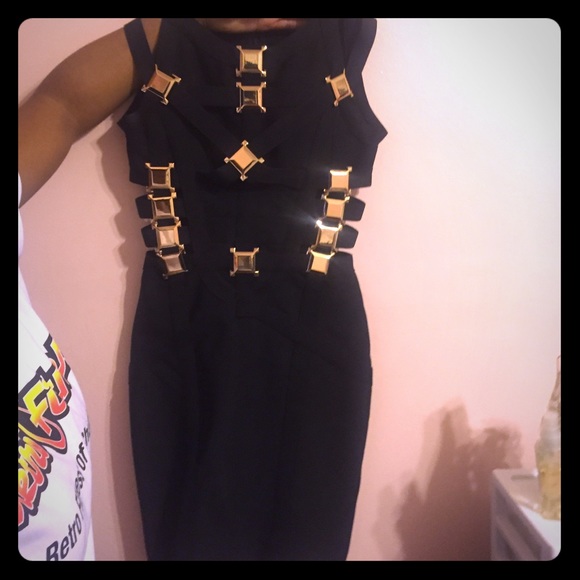 Black Gold Metal Cut-Out Bandage Dress