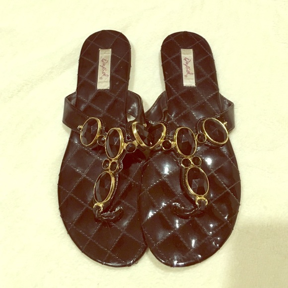 BNWT patent black sandals with gold/black stones
