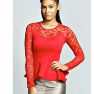 Red Long sleeve lace peplum shirt