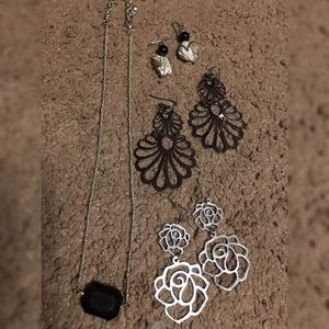 Black & silver tones necklace + 3 pair of earrings