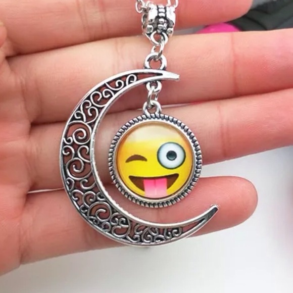 Cute Jewelry - Emoji "Make Faces" Emoticon Moon Cabochon Necklace