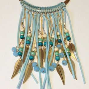 NWT suede beaded gold feather leaf necklace. Boho