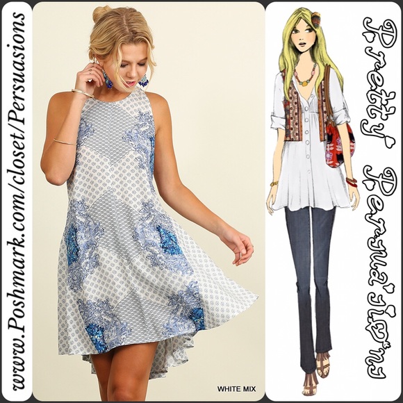 NWT Vintage Print & Lace Blue White Boho Dress - Picture 2 of 4