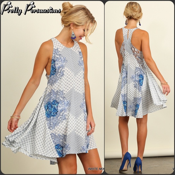 NWT Vintage Print & Lace Blue White Boho Dress - Picture 3 of 4