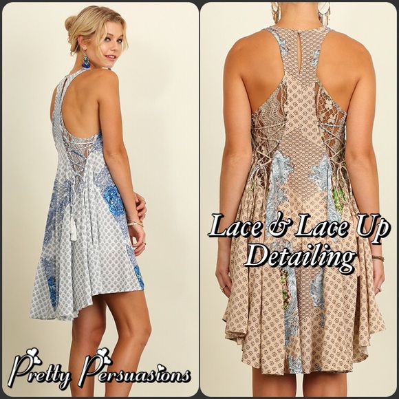 NWT Vintage Print & Lace Blue White Boho Dress - Picture 4 of 4