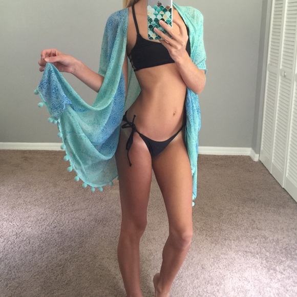 Blue aqua teal Pom Pom beach kimono
