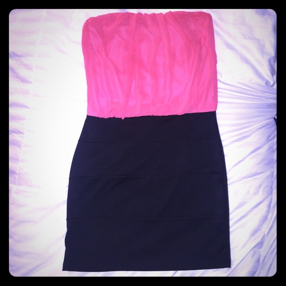 Black and Coral Mini Strapless Dress