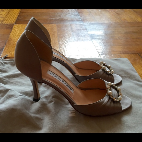 Monolo Blahnik Silver Satin Open Toe Heels - Picture 2 of 4