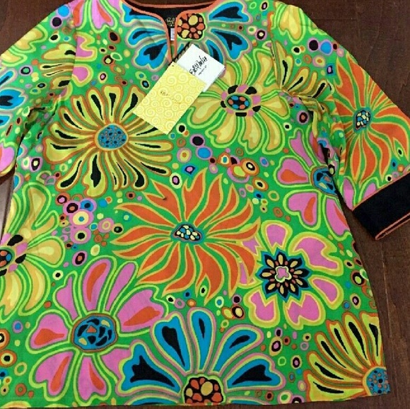 NWT BOB MACKIE SILK TUNIC Boho floral L