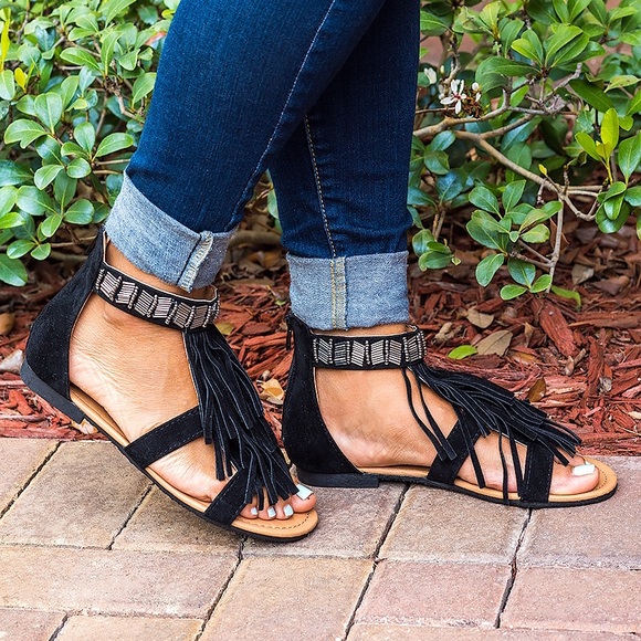 Black Beaded Fringe Flat Sandals - Picture 2 of 4