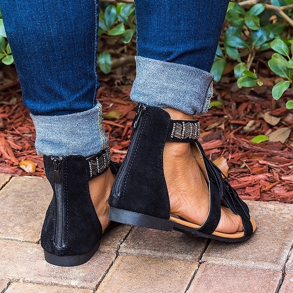 Black Beaded Fringe Flat Sandals - Picture 3 of 4