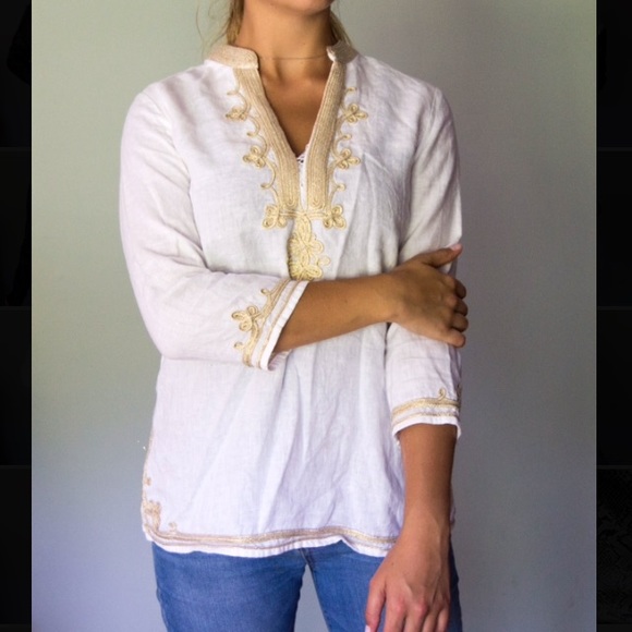 Gold Embroidered White Linen Shirt