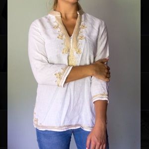 Gold Embroidered White Linen Shirt