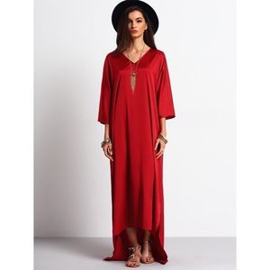 Red loose v-neck asymmetrical dress
