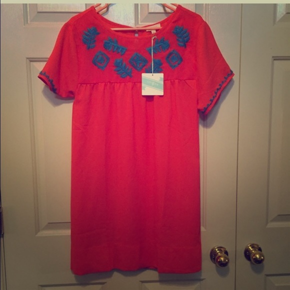 Umgee Coral and Blue embroidered dress.