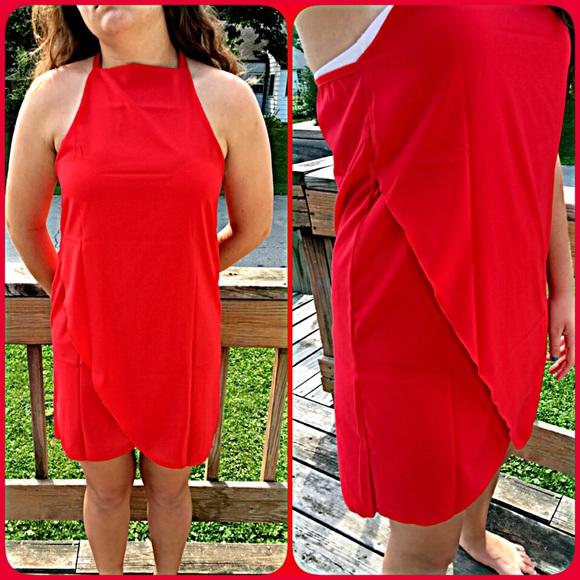 Red Surplice Halter Mini Dress! NEW! - Picture 2 of 6