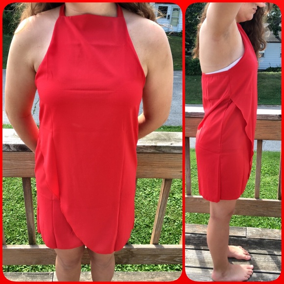 Red Surplice Halter Mini Dress! NEW! - Picture 3 of 6