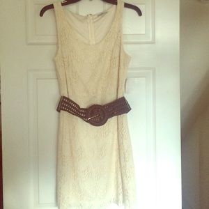Cream lace dress with lining with brown belt