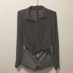 F21 grey sheer button down long sleeve size M.