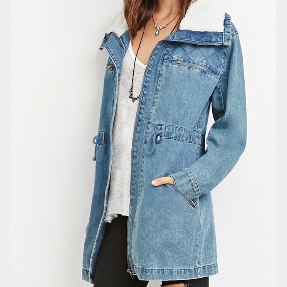 Forever 21 denim coat with faux shearling collar