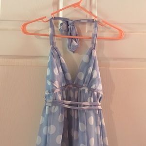 Blue and white polka dot halter midi dress