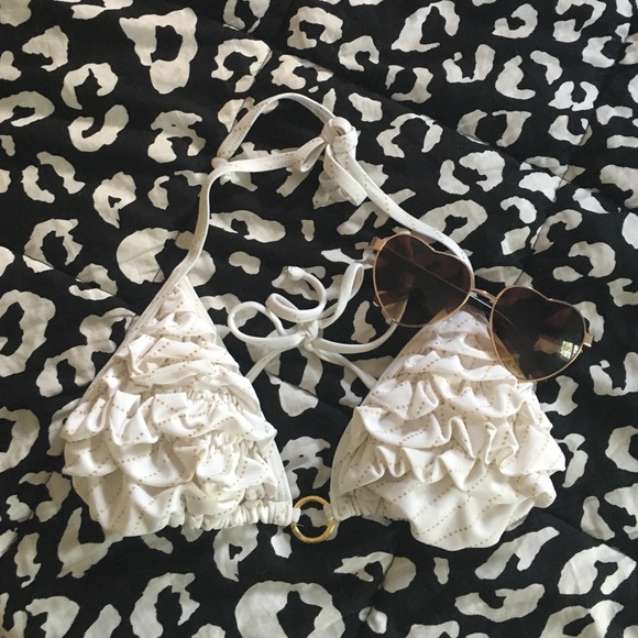 White and gold ruffle bikini top