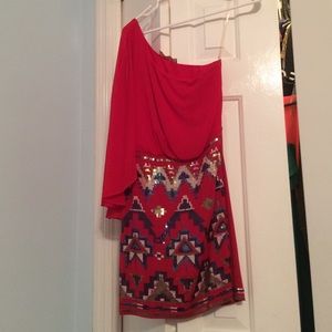One shoulder red sequin Aztec print dress