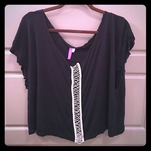 Emma & Sam black beaded shirt with cutout.