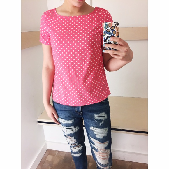 Ann Taylor Pink Polka Dot Top With Button Back