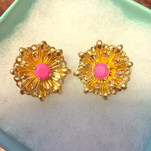 Gold Flower with Pink Stone Earrings