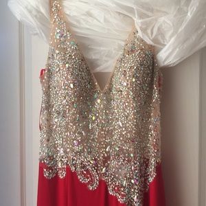 Sheer long crystal/ red evening dress