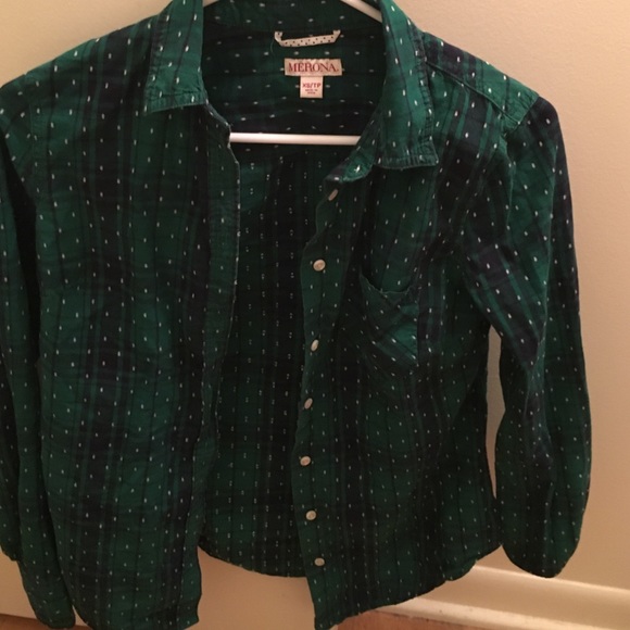 Green and Navy Button Up with White Detailing