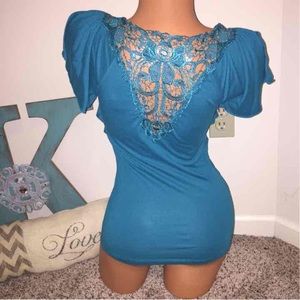 Deb Teal Crochet Blouse Shirt Small