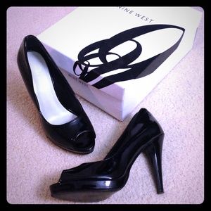 Nine West Open Toe Black Patent Leather Heels