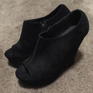 Black Suede Peep Toe Wedges