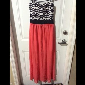 Strapless black, white and coral dress
