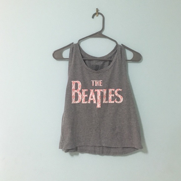 Grey Beatles tank top with floral letters.