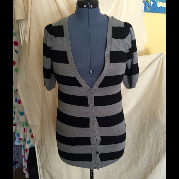 Black/gray striped button up cardigan size large - Picture 2 of 4